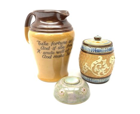 Three pieces of Doulton Lambeth, comprising a motto ware jug, inscribed Take fortune as you find her and if she frown don't y