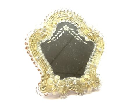 A Venetian glass dressing table mirror, with easel style support verso, H24cm.  Click here to view further images, condition 
