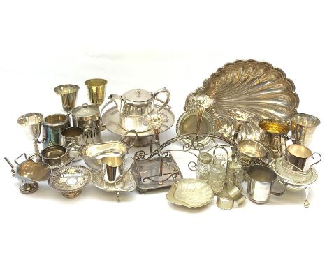 Plated items including silver plated tankard, various goblets, sauce boat, teapot etc, in one boxClick here to view further i