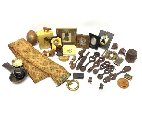 19th century and later portrait miniatures and silhouettes, a small collection of miniature brass fames, various pieces of tr