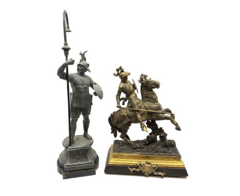 19th/ early 20th Century spelter figure depicting a knight on horseback titled 'Lancaster' H51cm and a spelter figural lamp i