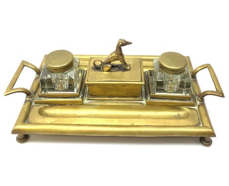 Brass desk stand, with a pair of square glass inkwell with brass lids,  33cm x 18cm x 13cmClick here to view further images, 