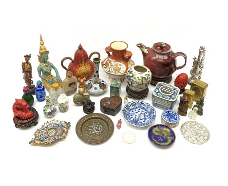 A group of assorted Eastern collectables, to include small twin handled Kutani vase, Sang de Boeuf type glase teapot, a numbe