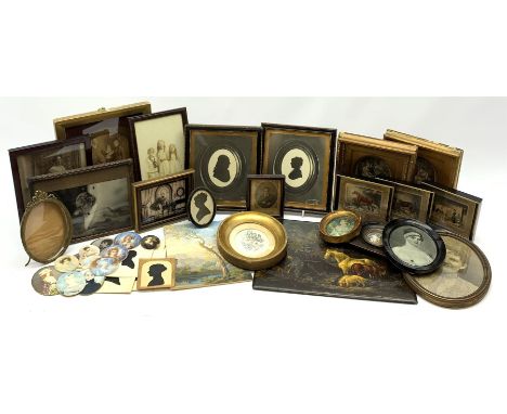 A group of various loose portrait miniatures, some painted examples, various loose silhouettes, a framed pair of printed silh