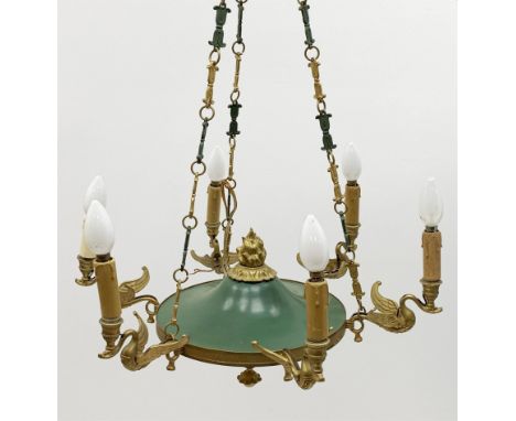 Empire style six light chandelier, green and gilt metal with swan design arms , suspended on three chains, height when suspen