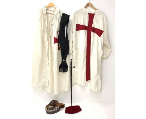 Masonic Knights Templar uniform, comprising hooded cape, ceremonial sword marked AR Fabb Bros Ltd, cap, sash, and belt.Click 