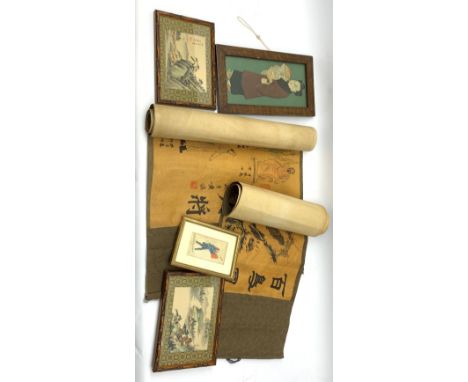 Chinese and Japanese watercolours, Japanese framed applique picture of a figure together with two Chinese scroll wall hanging