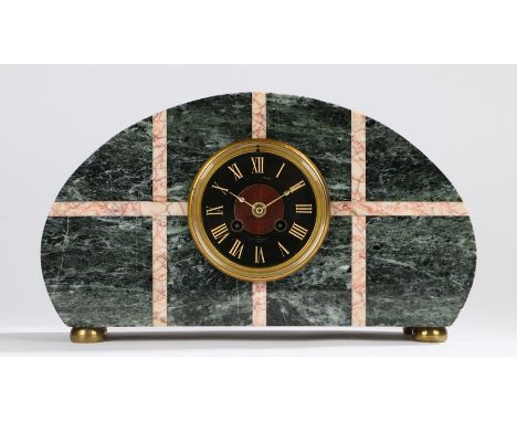 Art Deco marble mantel clock, the green arched case with white and red veined marble line decoration, the black dial with gil