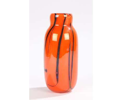 William Walker art glass vase, the orange ground with black line decoration, signed to base and dated '7650, 18cm highLight s