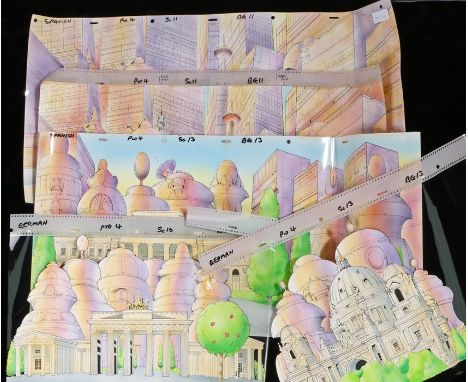 Hedley Griffin Films illustrations from the BBC series "Le Club, Les Aventures De Globo"- five landscape studies with famous 