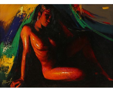 Minas Zakarian (B1955 Armenia), portrait of a seated female nude, signed oil on canvas, housed in a mahogany effect frame, th