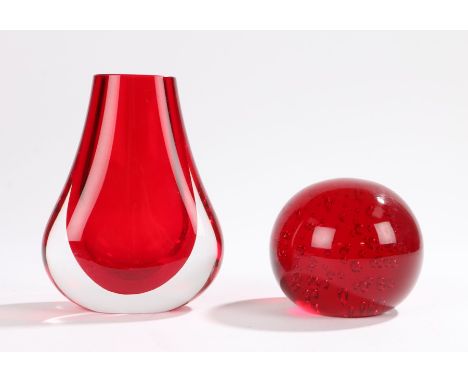 Whitefriars ruby glass paperweight with internal bubble decoration, Whitefriars teardrop shaped vase in clear and red glass, 