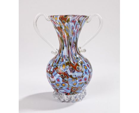 Murano glass vase, with loop handle and millefiori cane bulbous body, 17cm high AFOne handle has been broken and repaired/rep