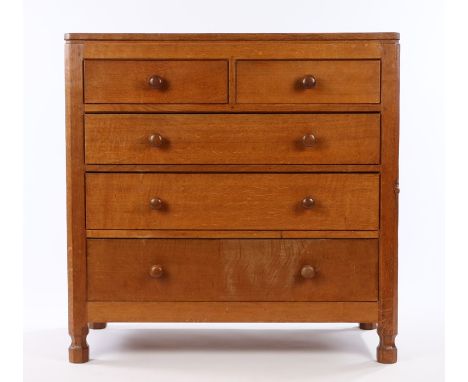 1930's Robert "Mouseman" Thompson of Kilburn oak chest of drawers, with shaped upstand canted front corners and panelled ends