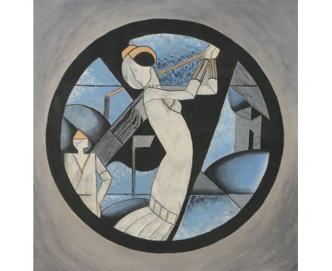 Art Deco style oil on canvas, depicting a lady playing golf, housed in a grey frame, the oil 49cm squareSurface scuffs to fra
