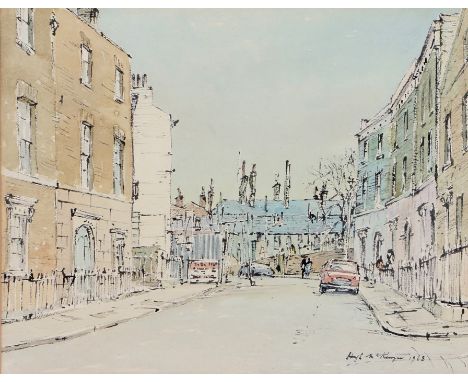 Hugh Mckensie (1909-2005), London street scene, signed watercolour dated 1968, housed in a light wood glazed frame, the water