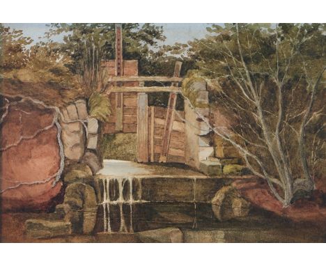Attributed to William James Blacklock (1815-1858), derelict lock gate, watercolour, housed in a gilt glazed frame, the waterc