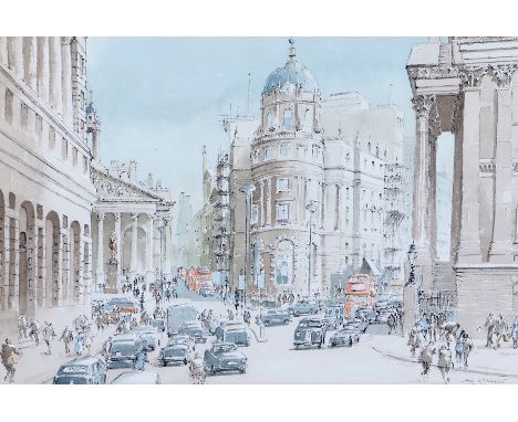 Hugh Mckensie (1909-2005), London street scene, depicting the junction of Threadneedle Street, Cornhill and Mansion House Str