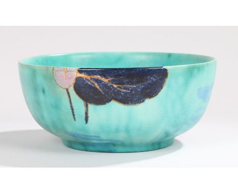 Clarice Cliff pottery bowl, painted in the Inspiration pattern, the exterior with stylised flowers on a green ground,  the ba