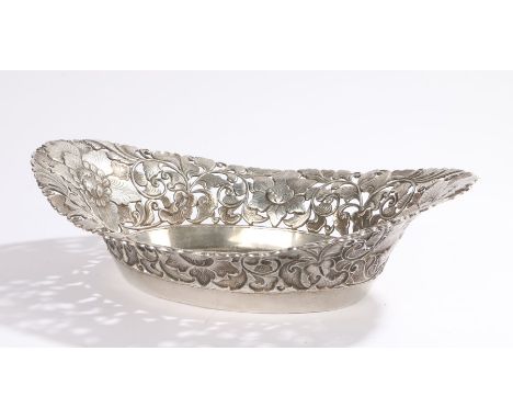 Danish silver bowl, of oval form with pierced and embossed scroll and foliate decoration, stamped 800 to foot, 29cm x 21cm, 1