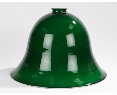 Large green glass lamp shade, bell shape with white interior, 43cm wideWhite paint flecks to exterior and interior of shade a