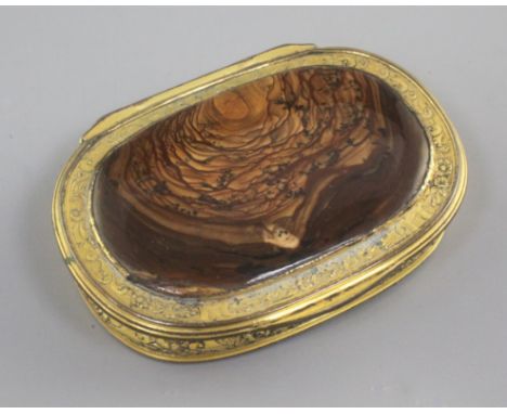 An early 19th century Continental pinchbeck and cappuccino agate snuff box, 3.5in.