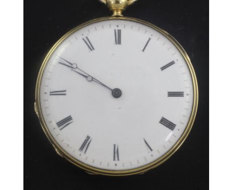 An early 20th century Swiss 18kt gold keywind cylinder fob watch with enamelled portrait of a reclining lady, and Roman dial.