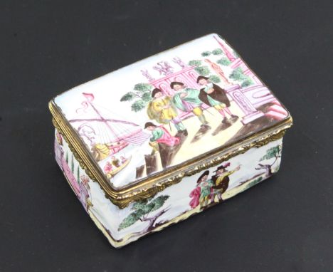 A 19th century Continental enamel snuff box, with gilt hinge, decorated with figures in harbours, 3in.