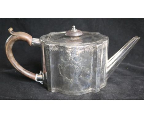 A George III silver shaped oval teapot by William Plummer, London, 1779, inscribed on the base "The Gift of Mrs Lodge to S. R