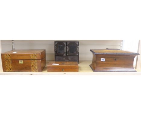 A parquetry writing box, mahogany tea caddy and small lacquer box