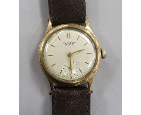 A gentleman's 9ct gold J.W. Benson manual wind wrist watch with presentation inscription on the back of the case.