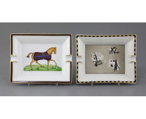 Two Hermes of Paris rectangular ashtrays, the first decorated with a strutting horse, the other with studies of a horse, widt