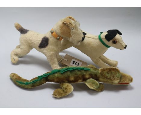 A Steiff dog and 2 other soft toys