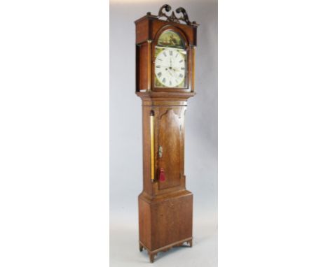 George Maule of Wooler. An early 19th century inlaid oak eight day longcase clock, the arched dial painted with sportsmen hun