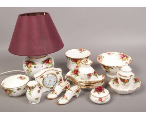 A collection of Royal Albert Old Country Roses bone china to include table lamp, clock, trinket dishes etc.