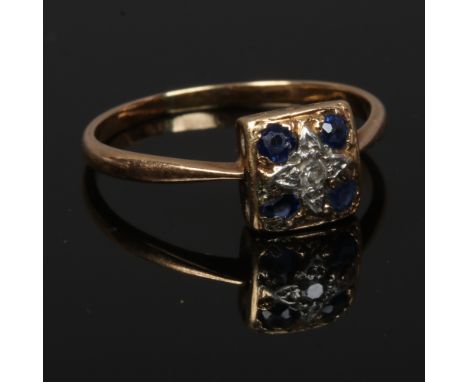 A mid 20th century Art Deco style yellow metal five stone sapphire and diamond ring, size Q.