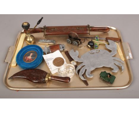 A tray of collectables to include Diecast vehicles, Indian carving set, letter openers, Montine manual wristwatch etc.