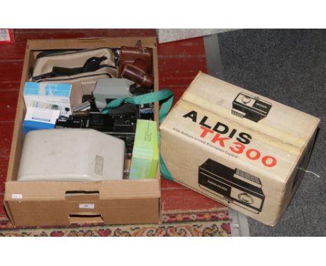 A box of mainly photographic equipment to include AGFA &amp; Comet cameras, boxed Aldis TK300 projector, Bauer Bosch video ca