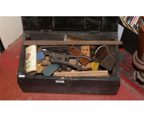 A painted pine box and contents of mainly vintage tools.
