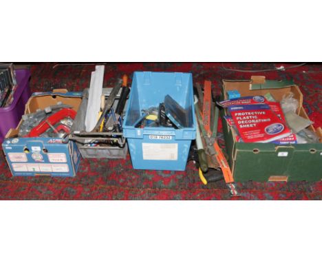 Four boxes of tools to include saws, clamps, screws etc.