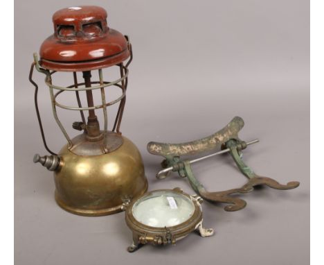 A brass Tilley lamp with enamel dome and two brass oddments.