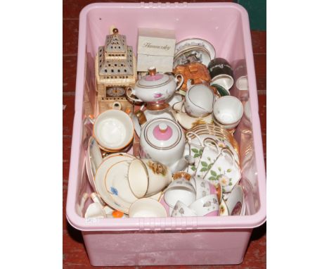 A box of miscellaneous including part porcelain and pottery teawares, Hammersley, Royal Worcester, novelty Big Ben teapot etc