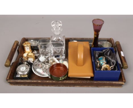 A tray of collectables to include costume jewellery, miniature Irish decanter and shot glass, vintage desk blotter, renaissan