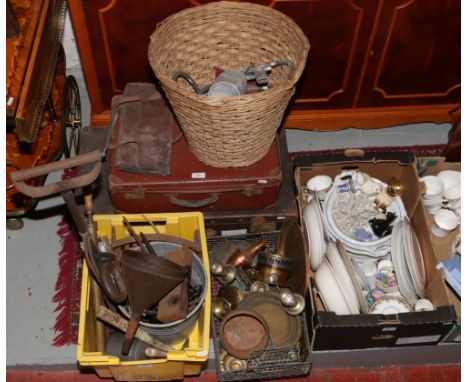 Two vintage suitcases, along with a wicker basket and quantity of metalwares including an American air compressor paint spray