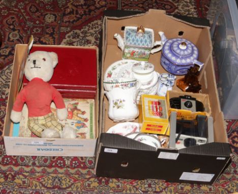 Two boxes of miscellaneous including vintage Rupert The Bear soft toy and annuals, Ringtons, boxed Polaroid 1000, Copeland Sp