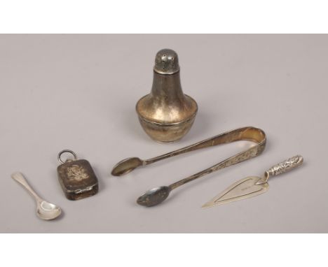 A small group of mainly silver items to include trowel bookmark, pepper pot, sugar nips etc.