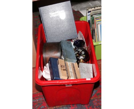 A box of miscellaneous including an oak cased mantle clock, Royal Vale bone china part tea set, Pifco cased travel iron, glas