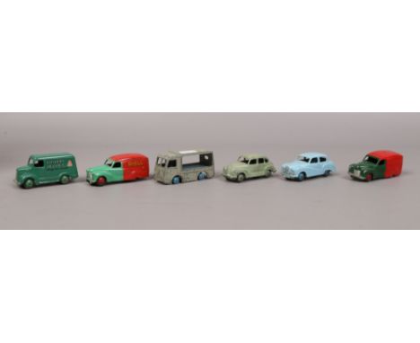 Six Dinky Diecast model vehicles Austin, Summerset, Austin Devon, Austin, NCB electric van, Trojan Chivers jellies van and an