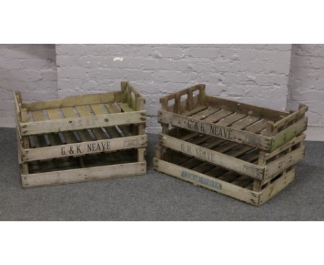Six wooden vegetable crates four stencilled for G &amp; K Neave and Brackenborough.