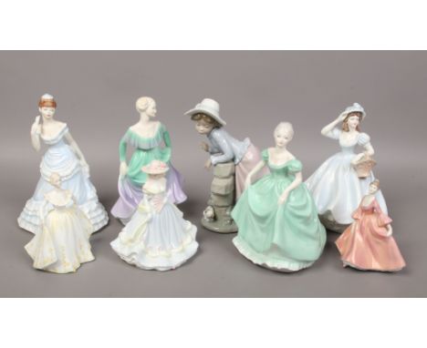 Eight porcelain figurines, seven by Coalport including ladies of fashion along with a Nao example of a girl and puppy.